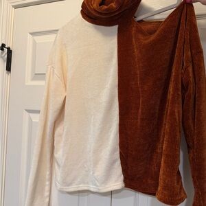 Two-Tone Cream and Brown Cold Shoulder Sweater